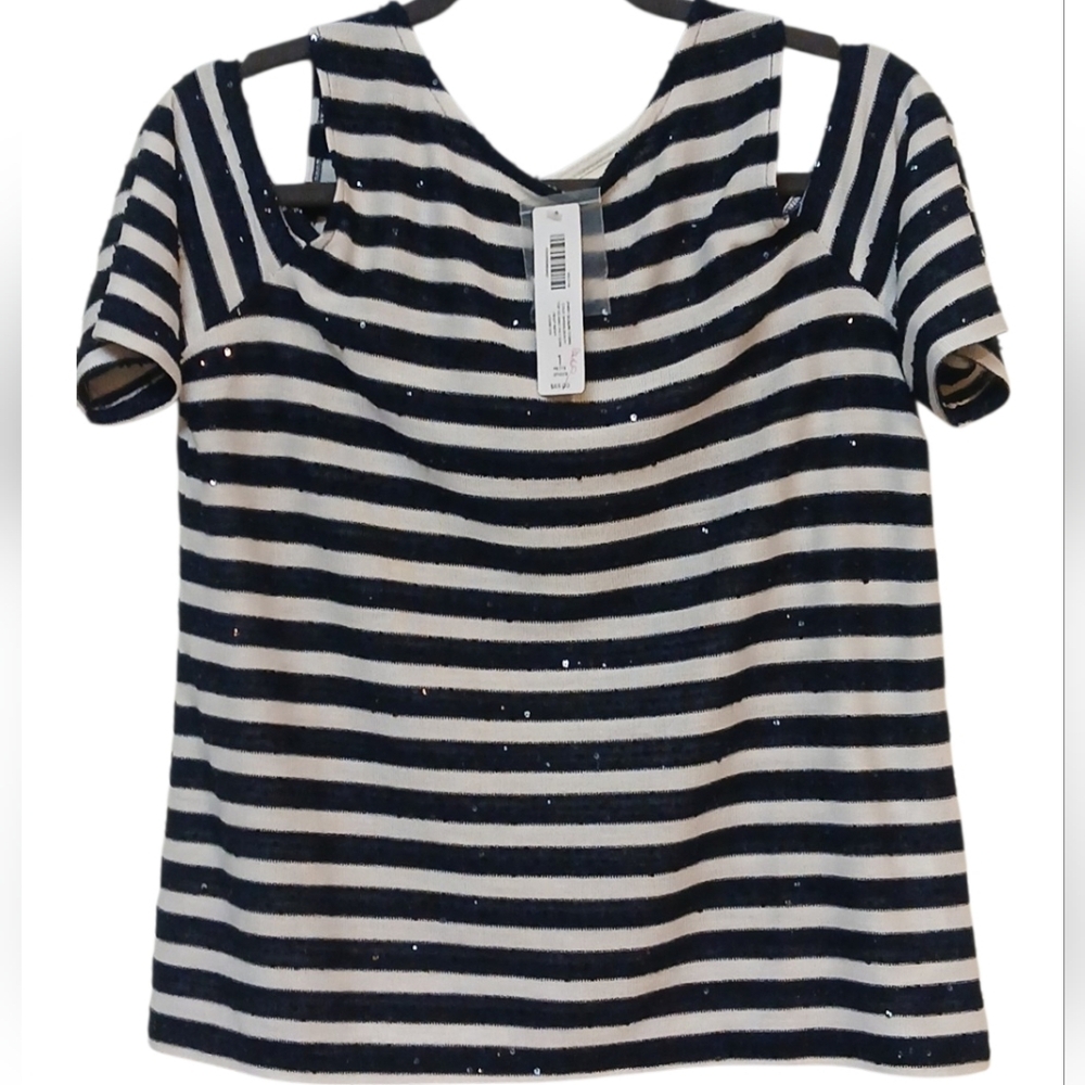 Chico's -NWT Navy/White Cold Shoulder Blouse Key Hole Neck,Sequence Throughout - Picture 2 of 11